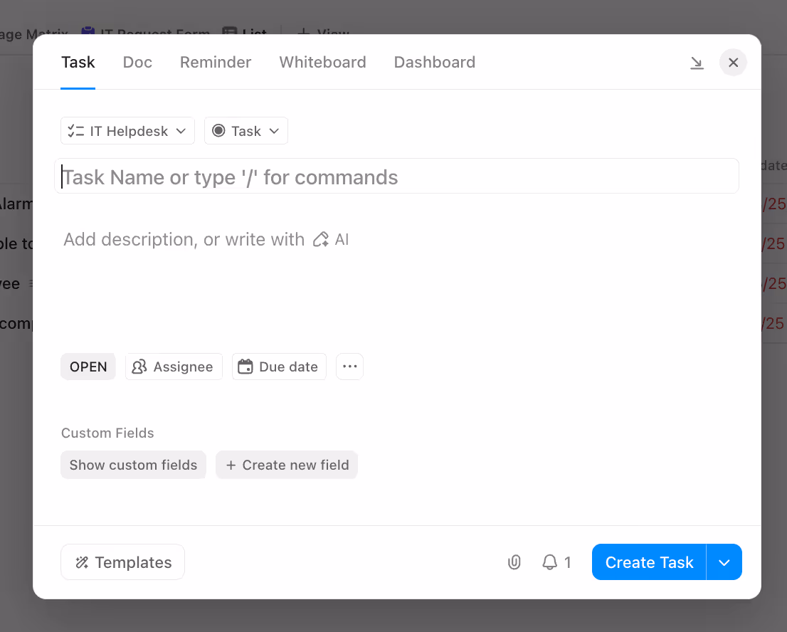 Adding tasks from the global task option